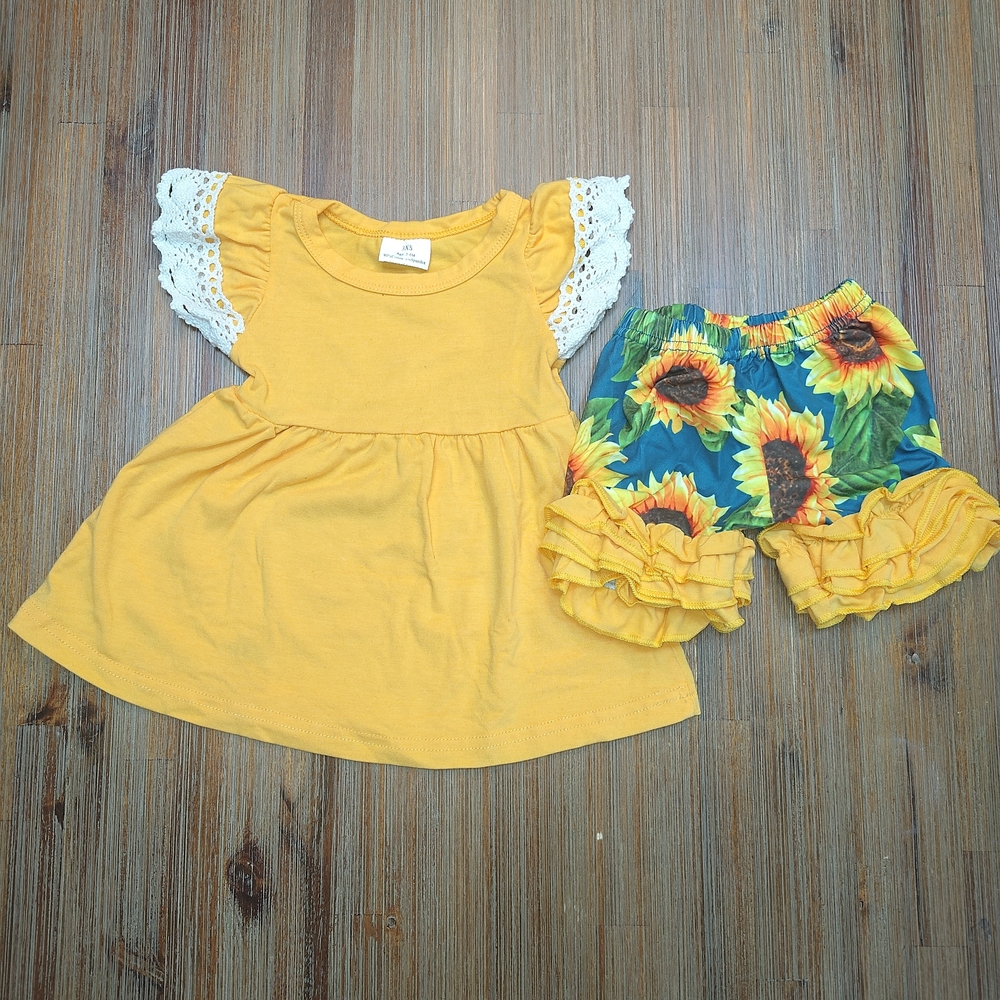 Boutique Outfit Pearl Top Ruffle Shorts Set Yellow Sunflower Size 3-6m